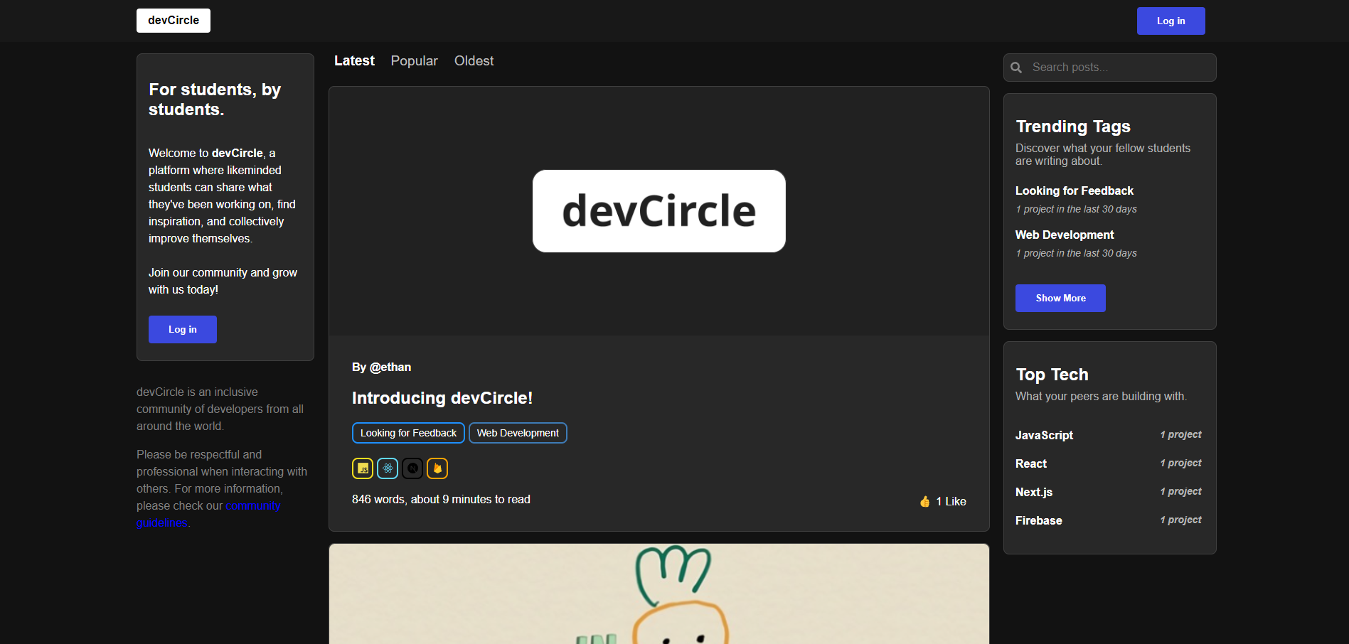 devCircle project feed with discovery, search, trending tags, and technology filters