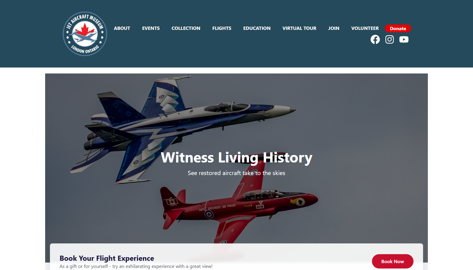 Jet Aircraft Museum home page featuring restored aircraft and a flight experience call to action